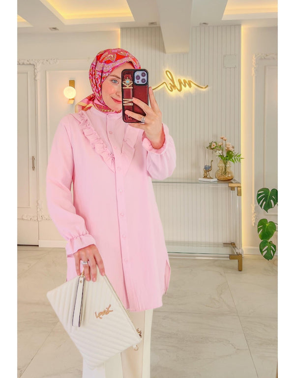 Pastel Pembe New Elsa Fırfırlı Gömlek