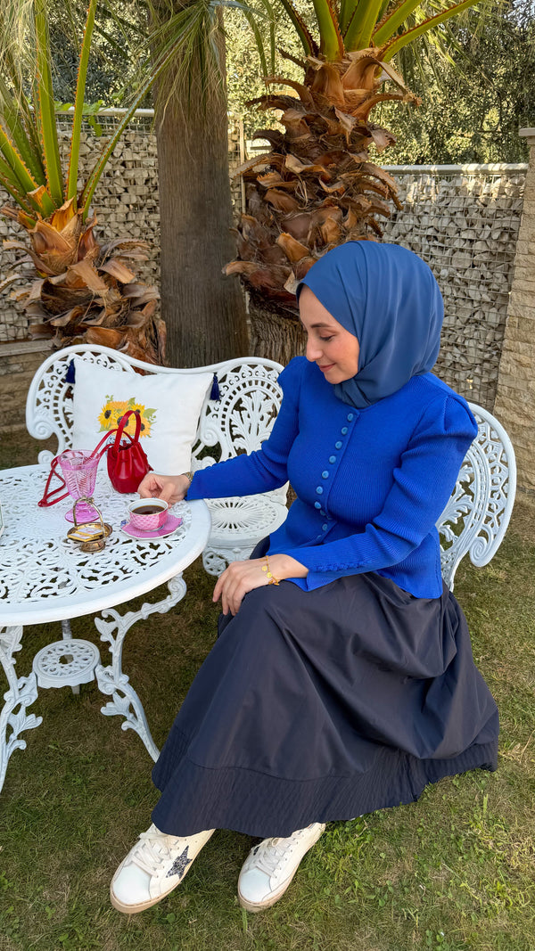 Saks Mavi Düğme Detaylı Kollar Bağlamalı Kısa Hırka-140687