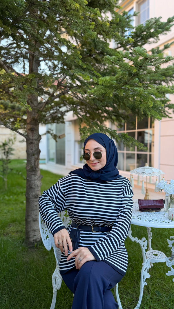 Lacivert Çizgili Triko Tunik -14172