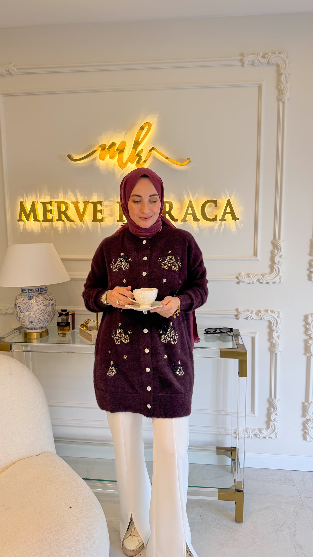 Mürdüm  Angora Pullu Nakışlı Hırka -140752