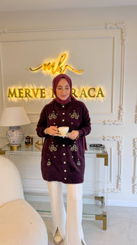 Mürdüm  Angora Pullu Nakışlı Hırka -140752