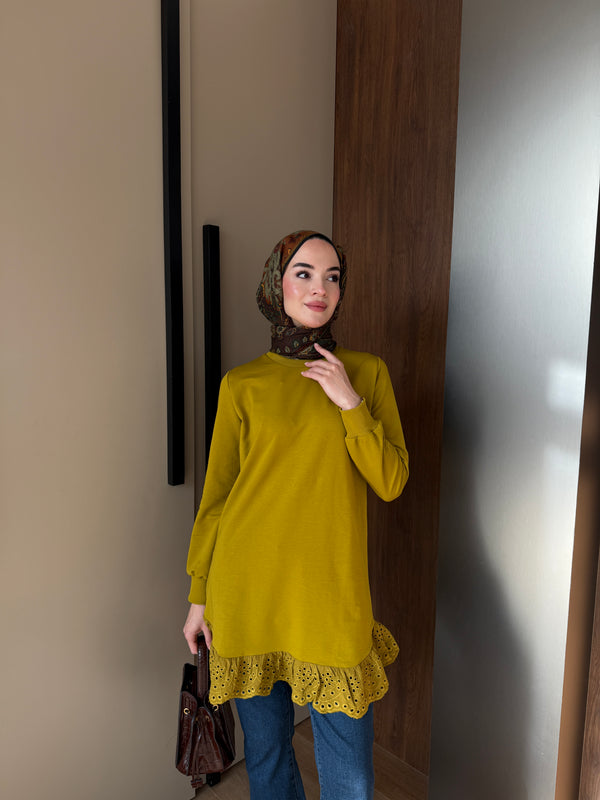 Yağ Yeşili MK Etek Uçu Dantelli Sweat