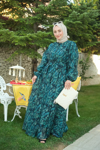 Lacivert Yaprak Desenli Kloş Elbise
