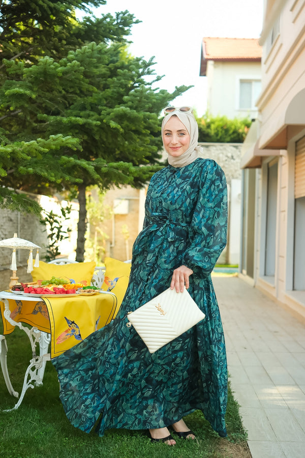 Lacivert Yaprak Desenli Kloş Elbise