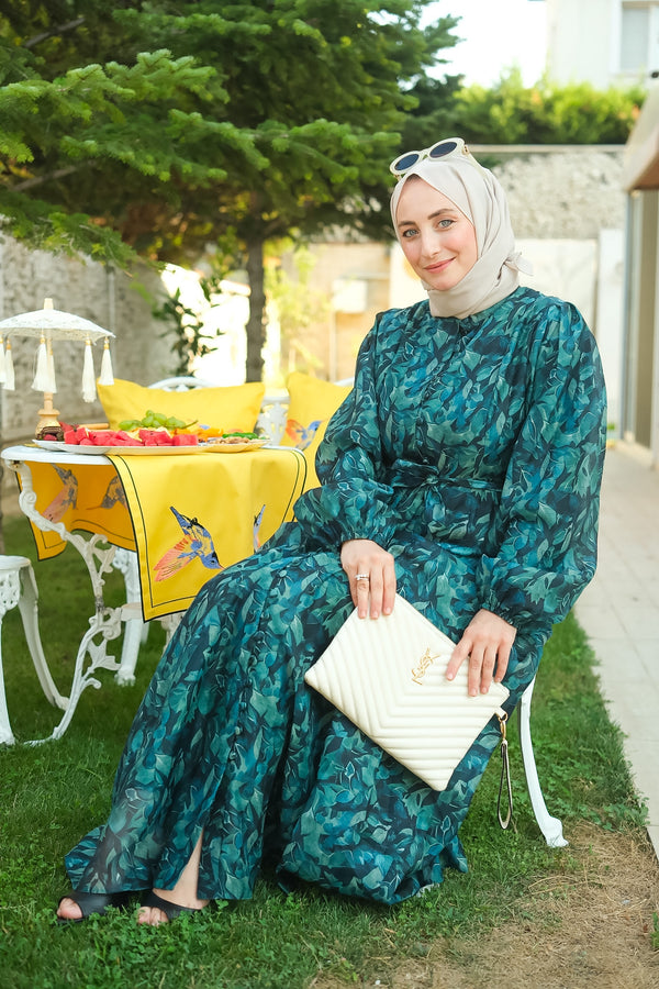 Lacivert Yaprak Desenli Kloş Elbise