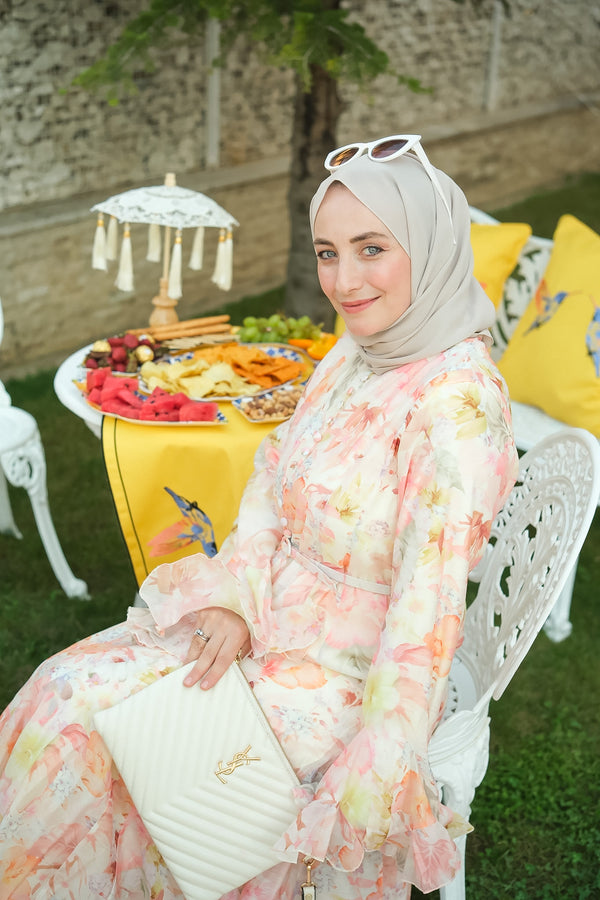 Pudra Çiçek Desenli Volan Kol Elbise