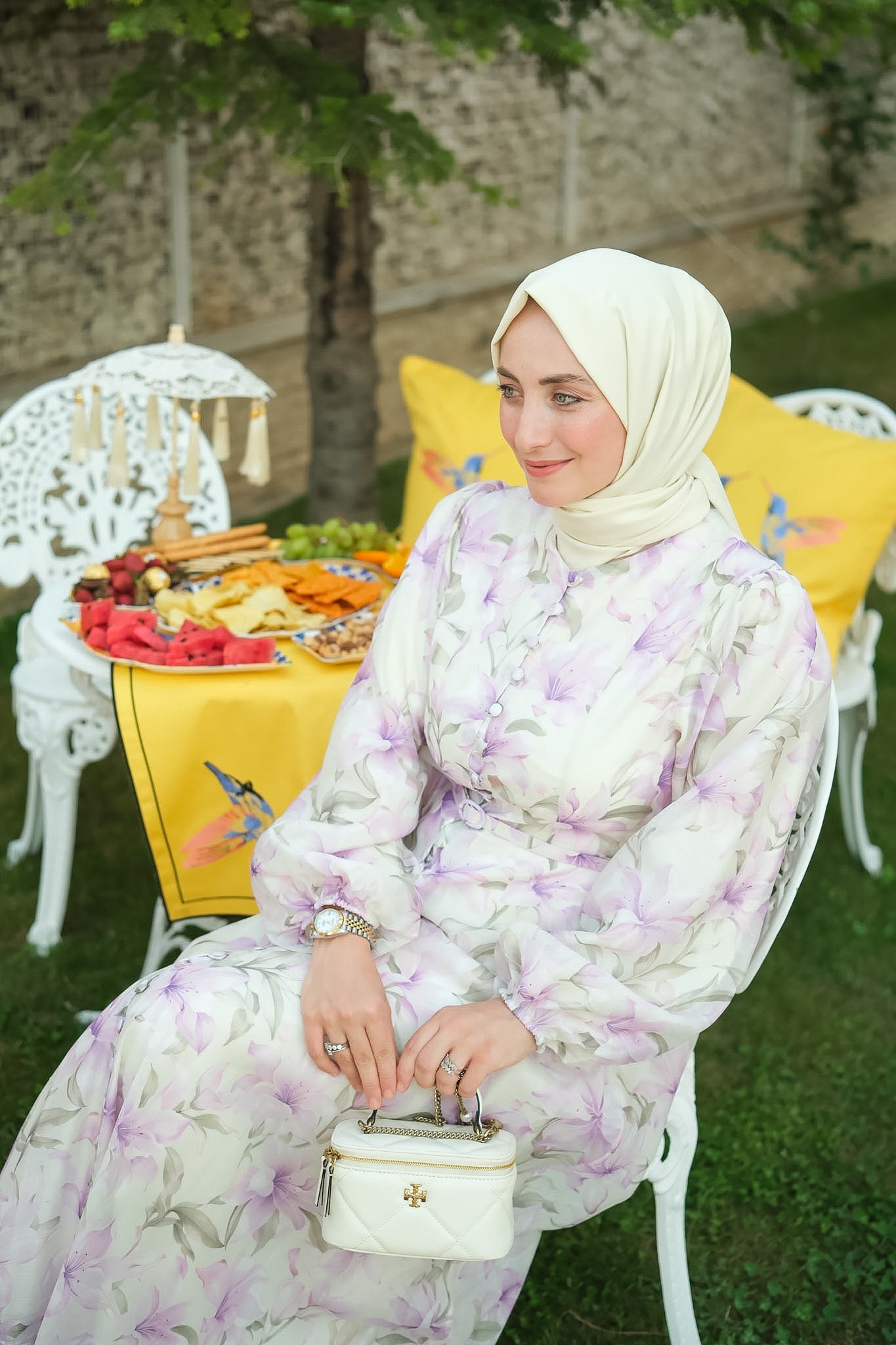 Lila Düğme Birit Detaylı Çiçekli Elbise