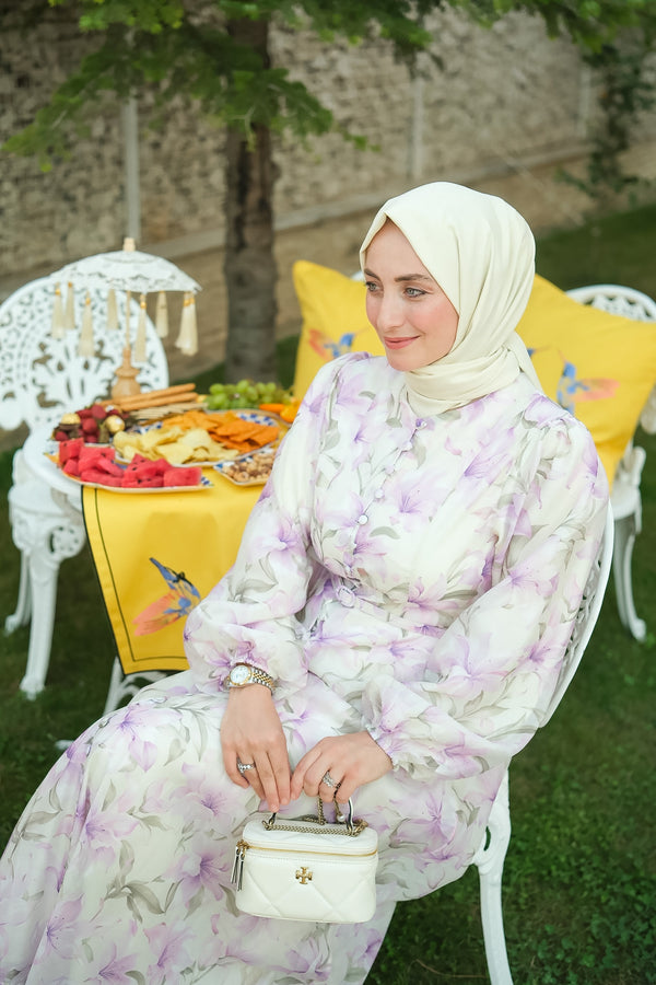 Lila Düğme Birit Detaylı Çiçekli Elbise