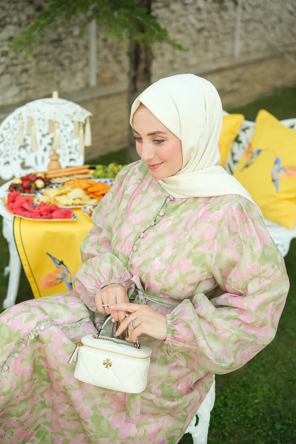Yeşil Yaprak Desenli Kloş Elbise