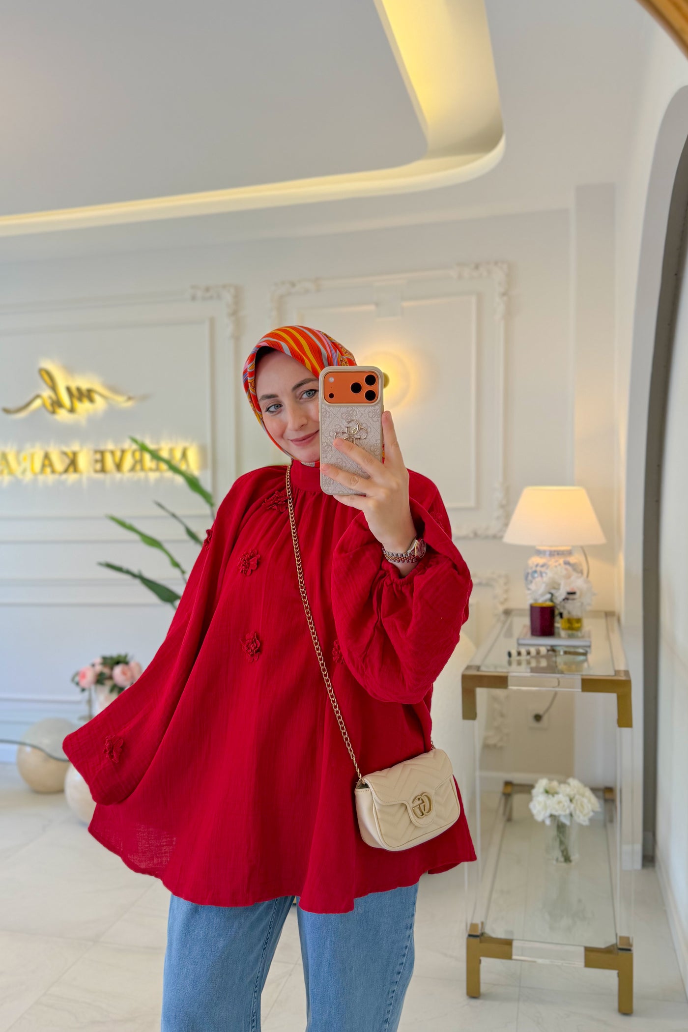 Kırmızı Çiçek Müslin Tunik