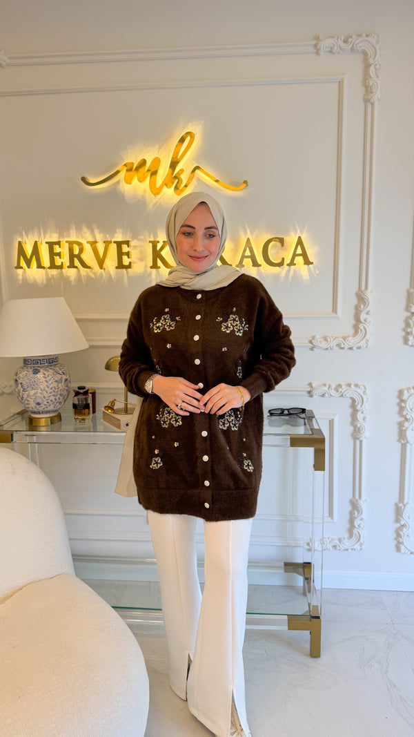 Kahverengi Angora Pullu Nakışlı Hırka -140752