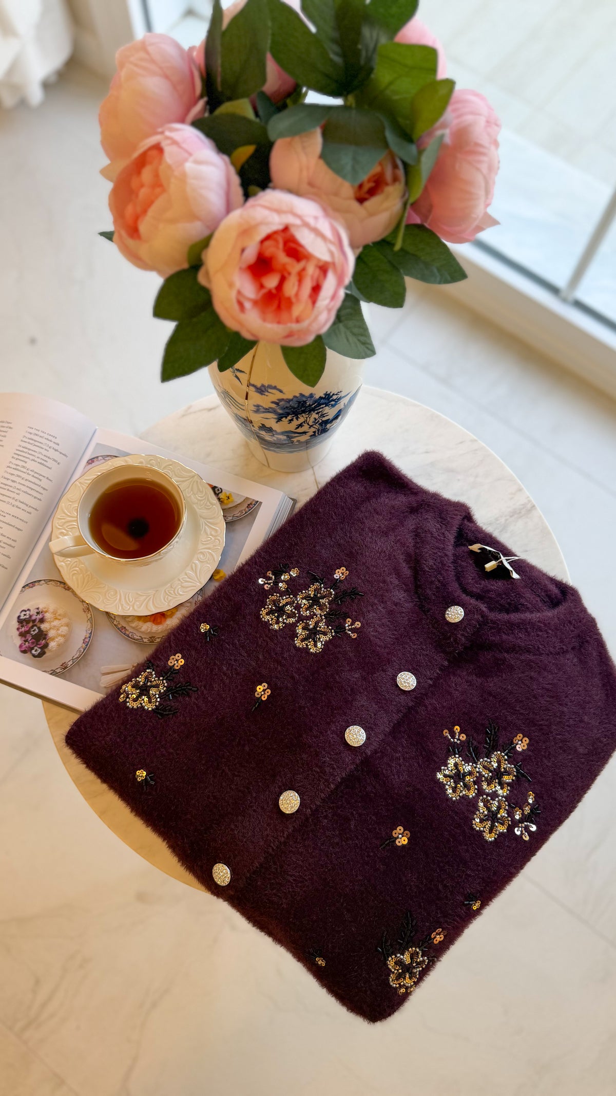 Mürdüm  Angora Pullu Nakışlı Hırka -140752
