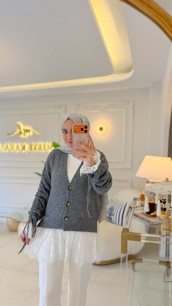 Gri Dantel Büzgü Hırka-27720