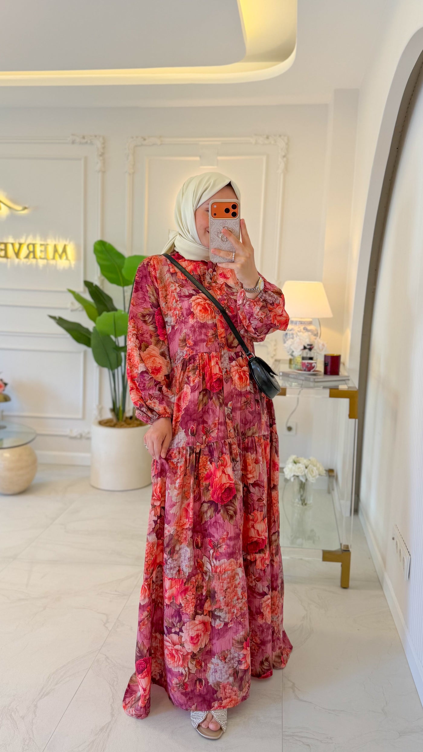 Bordo Gül Desenli Elbise