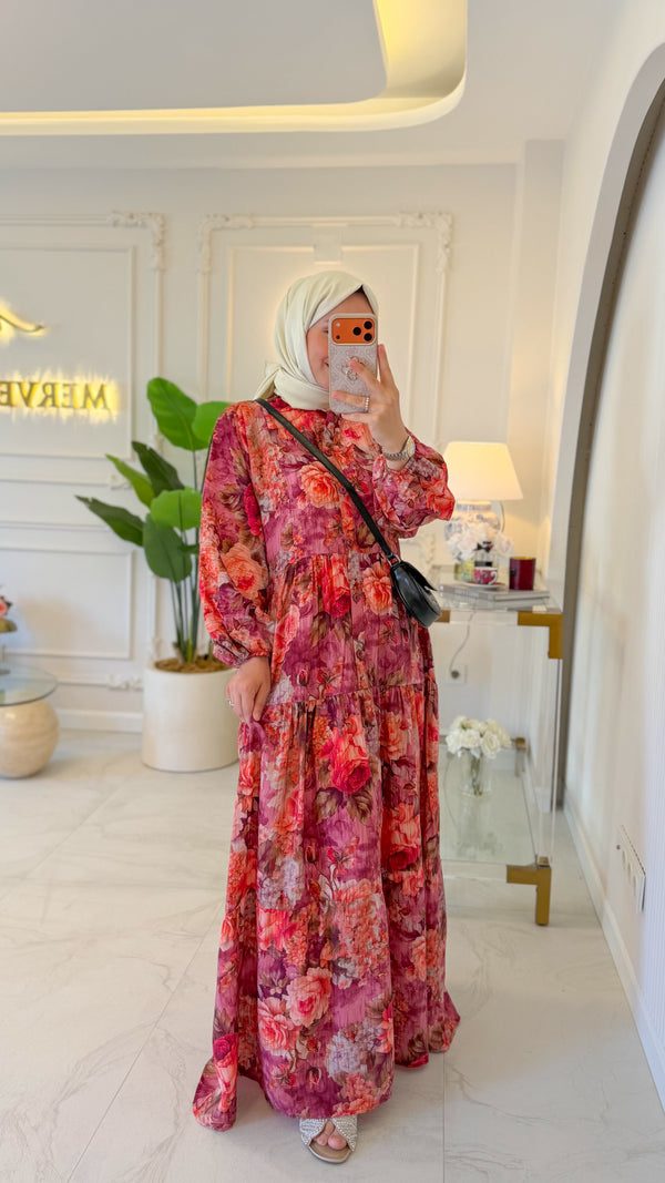 Bordo Gül Desenli Elbise