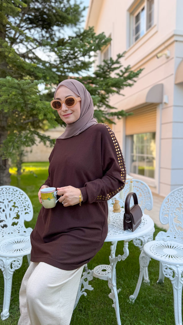 Kahverengi Omuz Ve Kolları Taş Detay Triko -140713
