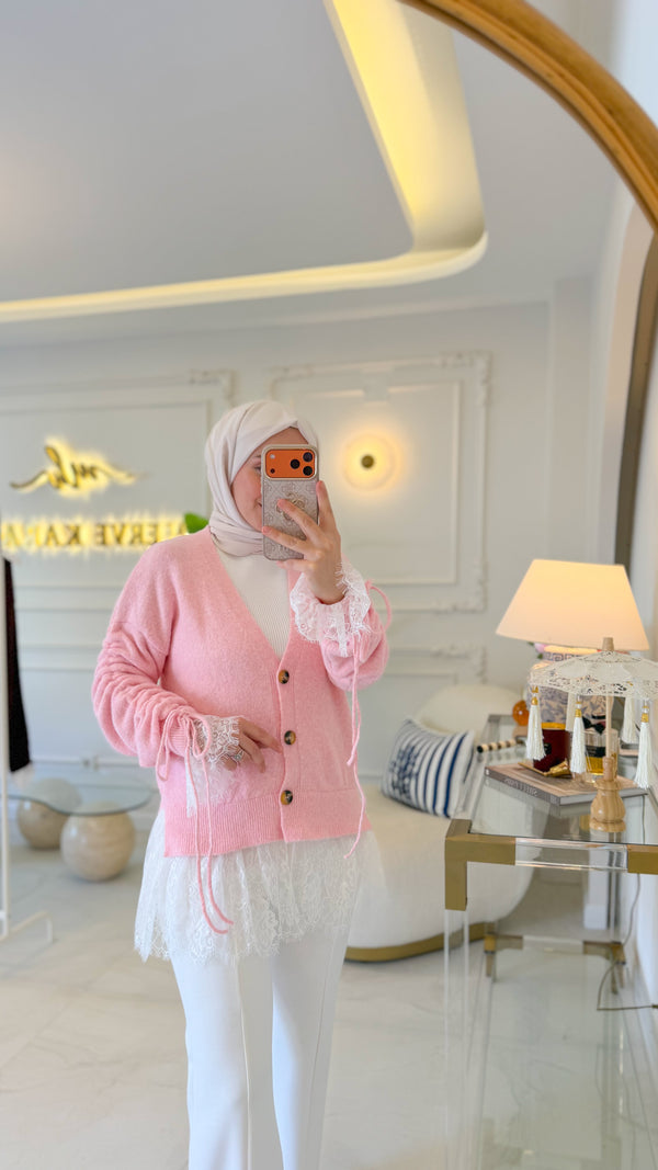 Pembe Dantel Büzgü Hırka-27720