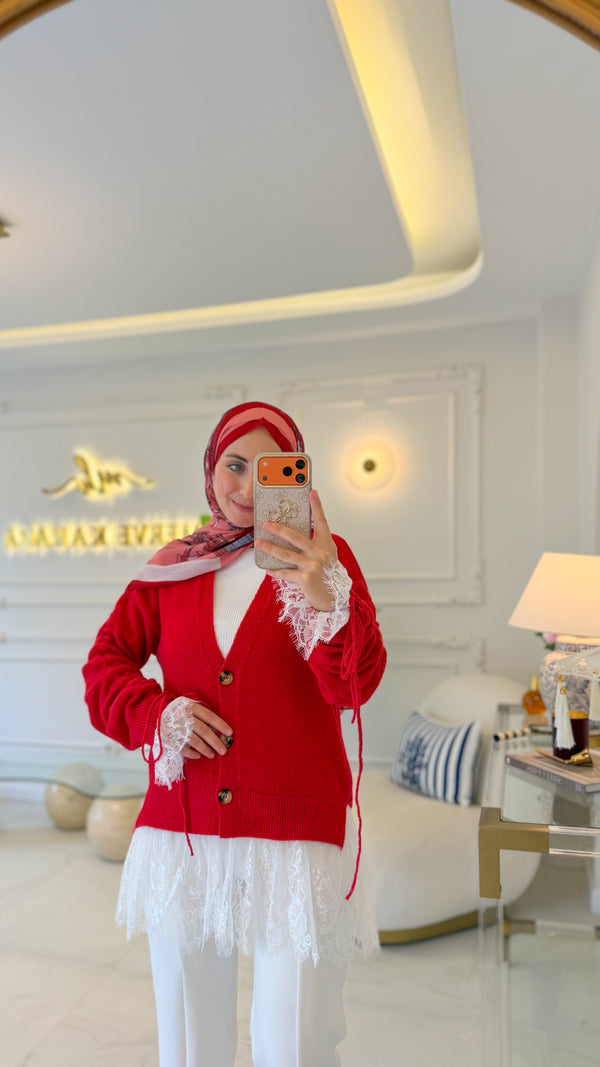Kırmızı Dantel Büzgü Hırka-27720