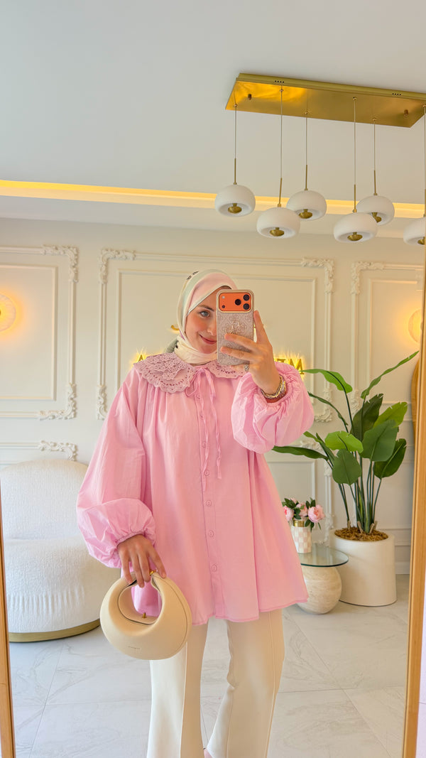 Pastel Pembe Dantel Yaka Vual Gömlek