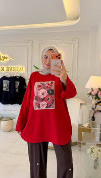 Kırmızı Gül Baskı Tunik