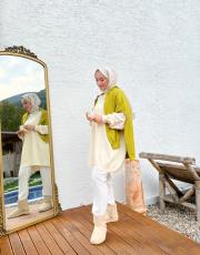 ekru 40430 kendinden çizgili soğuk iplik tunik