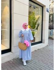 mavi beyaz 6189 fisto yaka çizgili elbise 3