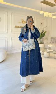 koyu mavi 7189 denim taş detay trenç