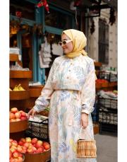 natural mk limon desenli keten elbise