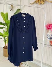 lacivert taşlı düğmeli fırfırlı linda tunik