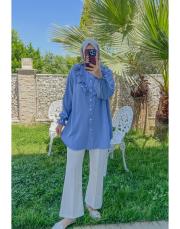 bebe mavi taşlı düğmeli fırfırlı linda tunik