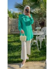 yeşil 7644 fırfırlı bebe yaka boncuk işlemeli tunik