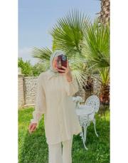 bej 7692 simli çizgili keten gömlek kolu lastikli