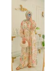 naturel bej devetabanı desenli elbise