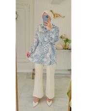 mavi retro desen ipek gömlek