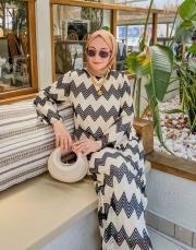 siyah krem siyah krem delik desenli triko elbise 2