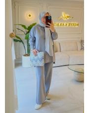 gri 4158 simli kapüşonlu triko takım 2