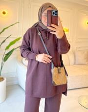 acı kahve 4158 simli kapüşonlu triko takım