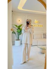 krem 4158 simli kapüşonlu triko takım 2