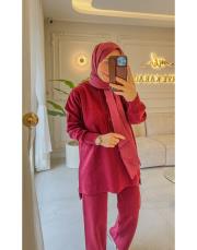 bordo 4158 simli kapüşonlu triko takım 2