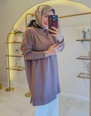 kahve 4106 kolu düğmeli triko tunik