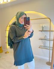 koyu yeşil 4106 kolu düğmeli triko tunik