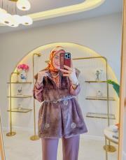 kahve 2049 incili taşlı tüylü yelek