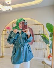 acı yeşil 2043 beli büzgülü deri ceket 2