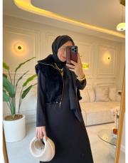 siyah 7261 kürklü yelekli elbise