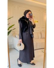 siyah 7261 kürklü yelekli elbise 2