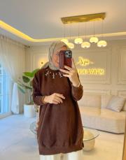 acı kahve yakası zarif taşlı yumoş tunik