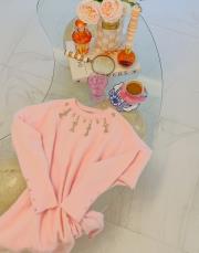 pembe yakası zarif taşlı yumoş tunik