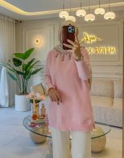 pembe yakası zarif taşlı yumoş tunik 2