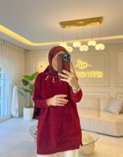 bordo yakası zarif taşlı yumoş tunik