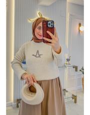 krem etek üstü simli örgü triko kazak